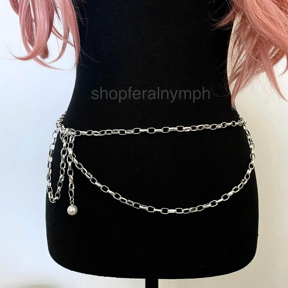 Silver Y2K Pearl Layered Draped Link Chain Belt, Fits 13.5-40.5 Inches, X7GA1283 - Picture 4 of 7